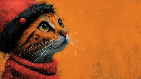 Funny cat with red scarf on orange background. Halloween concept.の素材