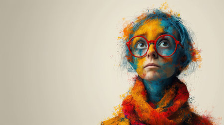 Portrait of a woman with painted face and glasses on gray backgroundの素材