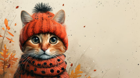 Cute cat in a red knitted hat and scarf with autumn leavesの素材