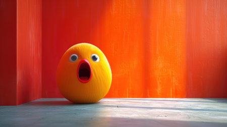 Orange easter egg with funny face on wooden table and red wallの素材