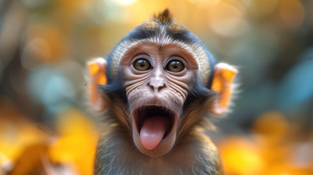 Portrait of a funny baby monkey with open mouth in the forestの素材