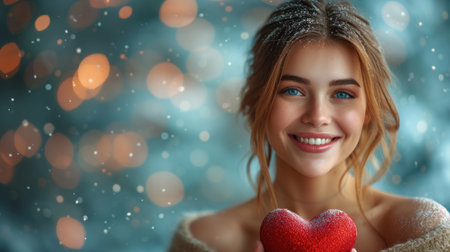Portrait of a beautiful girl with red heart on bokeh backgroundの素材