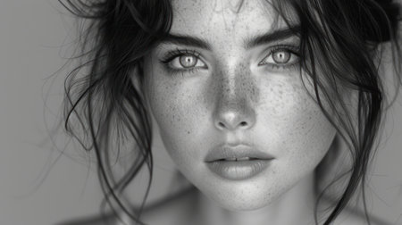 Portrait of beautiful young woman with freckles on her faceの素材