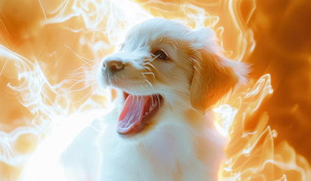 Cute golden retriever dog on fire background with copy space.の素材