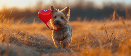 Cute Yorkshire Terrier dog with red heart shaped balloon in the fieldの素材