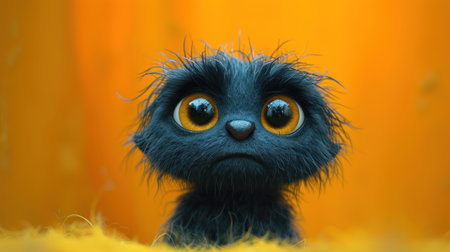 Funny black cat toy with yellow eyes on a yellow background.の素材