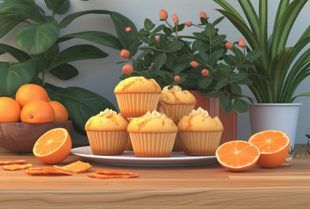 Cupcakes and oranges on a wooden table. 3d renderの素材