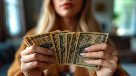 Close-up of a young woman holding a lot of dollar billsの素材