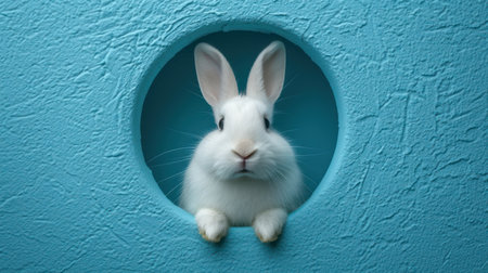 White rabbit in a hole on a blue background. Easter bunny.の素材