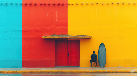 Man waiting for a surfboard in front of a colorful wall.の素材