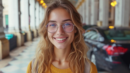Portrait of a smiling young woman with glasses on the background of the carの素材