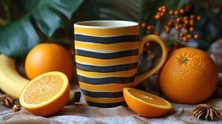 Cup of coffee with orange on table, closeup. Space for textの素材