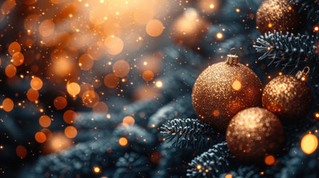 Christmas background with golden baubles, fir tree branches and lightsの素材