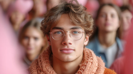 Group of young people on pink background, closeup. Teamwork conceptの素材