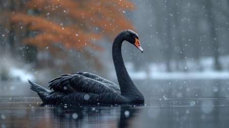 Black swan on the lake in winter. 3d rendering.の素材