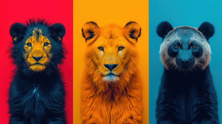Lion, panda, panda, panda and panda on colorful backgroundの素材