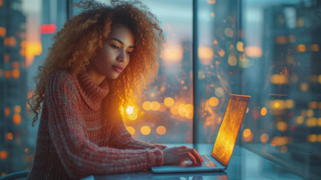 young beautiful african american woman with curly hair using laptop in cafeの素材