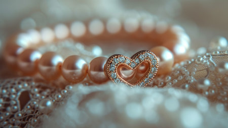 Beautiful pearl necklace on a lace background. Close-up.の素材
