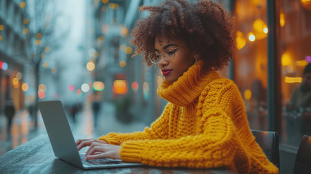 Beautiful young african american woman with afro hairstyle in yellow sweater using laptop on the street.の素材