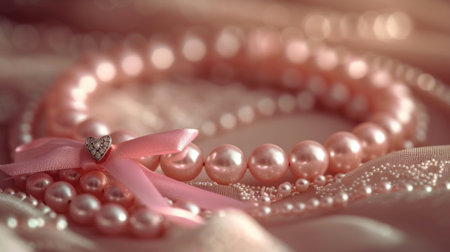 Pink pearl necklace on a soft pink satin background, closeupの素材