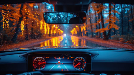 Driving on a winter road in the rain. View from inside the car.の素材