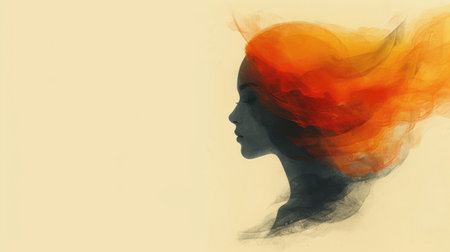 Silhouette of a beautiful woman with red and orange hair.の素材