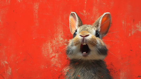 Funny rabbit on a red background. Cute little bunny.の素材