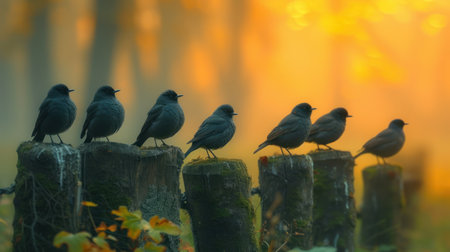 A flock of birds sitting on a wooden post in the autumn forestの素材