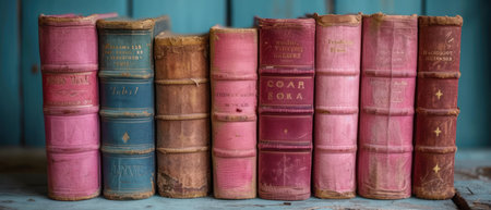 Old books in a row on a blue wooden background. Vintage style.の素材