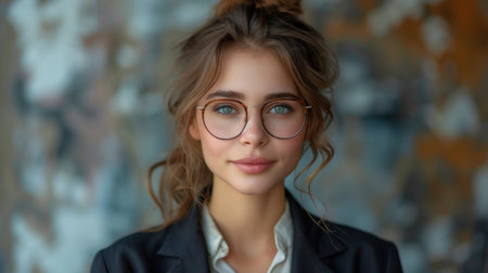Portrait of a beautiful young woman in glasses. Portrait of a beautiful girl in a business suit.の素材