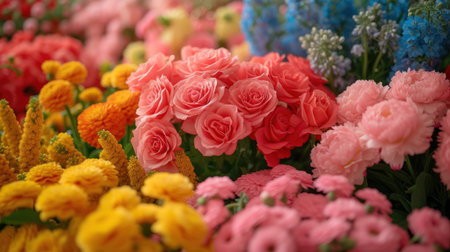 Variety of colorful flowers in a flower shop. Floral backgroundの素材