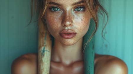Portrait of a beautiful young woman with freckles on her faceの素材
