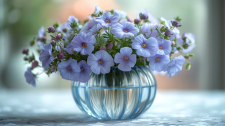 Bouquet of blue flowers in a glass vase on the tableの素材