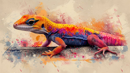 Colorful lizard on the wall. Digital painting, background illustration.の素材