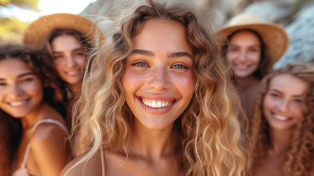 Portrait of beautiful young woman in straw hat smiling and looking at camera with friends on backgroundの素材