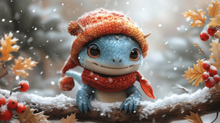 Cute little monster in a hat and scarf sitting on a branch in the winter forest.の素材