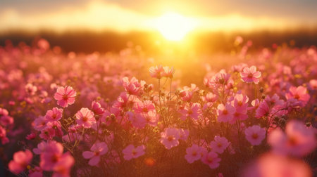 Cosmos flowers blooming in the field at sunset, soft focusの素材
