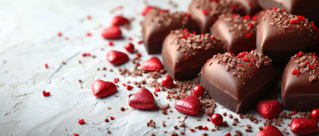 Chocolate candies with red hearts on light background, closeupの素材