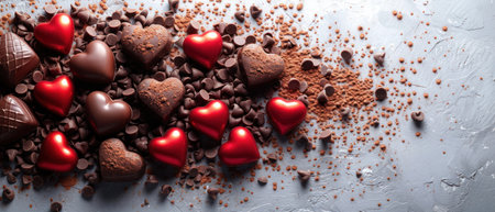 Chocolate candies with red hearts and cocoa powder on grey backgroundの素材