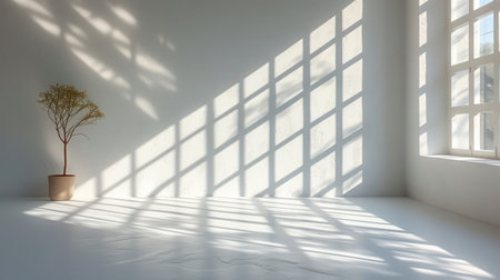 Empty room with window and plant. 3D render. Abstract background.の素材