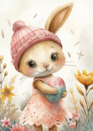 Cute rabbit in pink hat with heart. Watercolor illustration.の素材