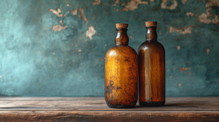 Two old vintage bottles on a wooden table over grunge background.の素材