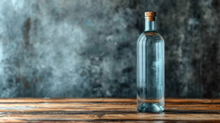 Glass bottle with water on wooden table against dark background. Space for textの素材