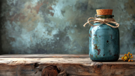 Rustic jar of blue paint on wooden table over grunge backgroundの素材