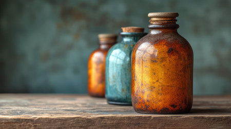 vintage medicine bottles on a wooden table, shallow depth of fieldの素材