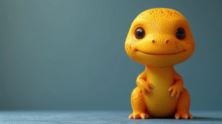 Cute toy dinosaur on blue background. Copy space for text.の素材