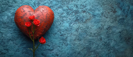 Valentines day background with red heart and flowers on blue backgroundの素材