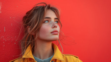 Portrait of a beautiful girl in a yellow jacket on a red backgroundの素材
