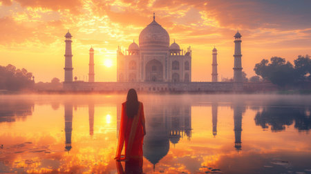 Indian woman in front of Taj Mahal at sunrise, Agra, Indiaの素材