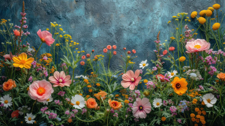Colorful flowers on blue wall background. Photo in old color image styleの素材
